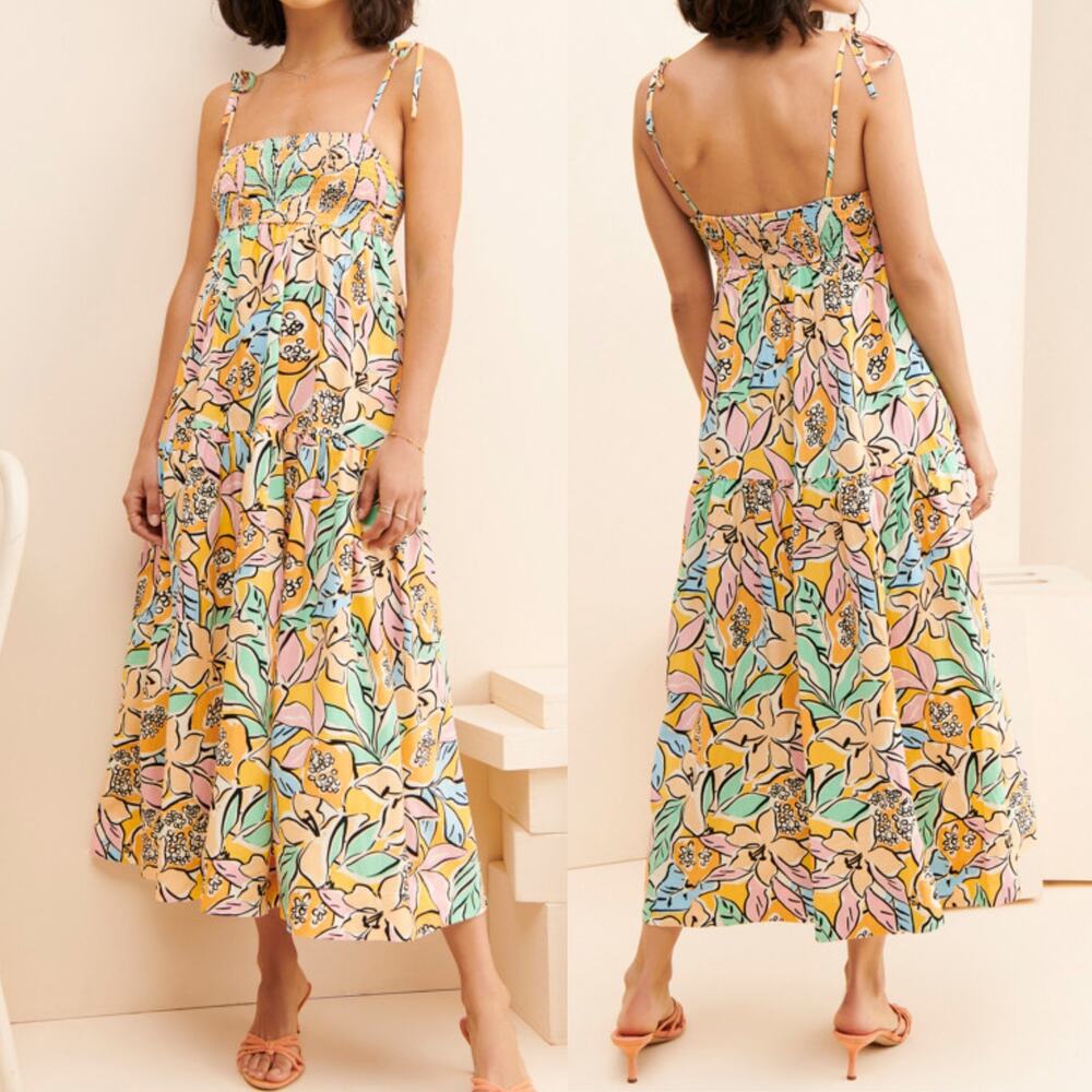 ASTR The Label Marlene Floral Print Smocked Sleeveless Maxi Dress Orange L